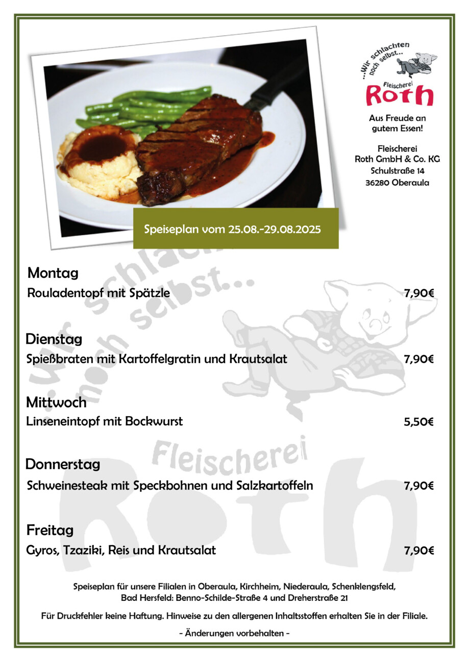 Roth's MIttagstisch ab 25.08.2025 vom Montag, 25.08.2025