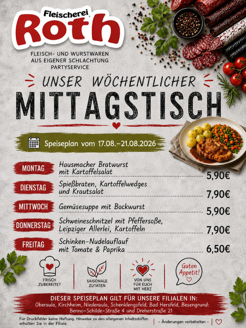 Roth's Mittagstisch ab dem 17. 8.2026 vom Montag, 17.08.2026