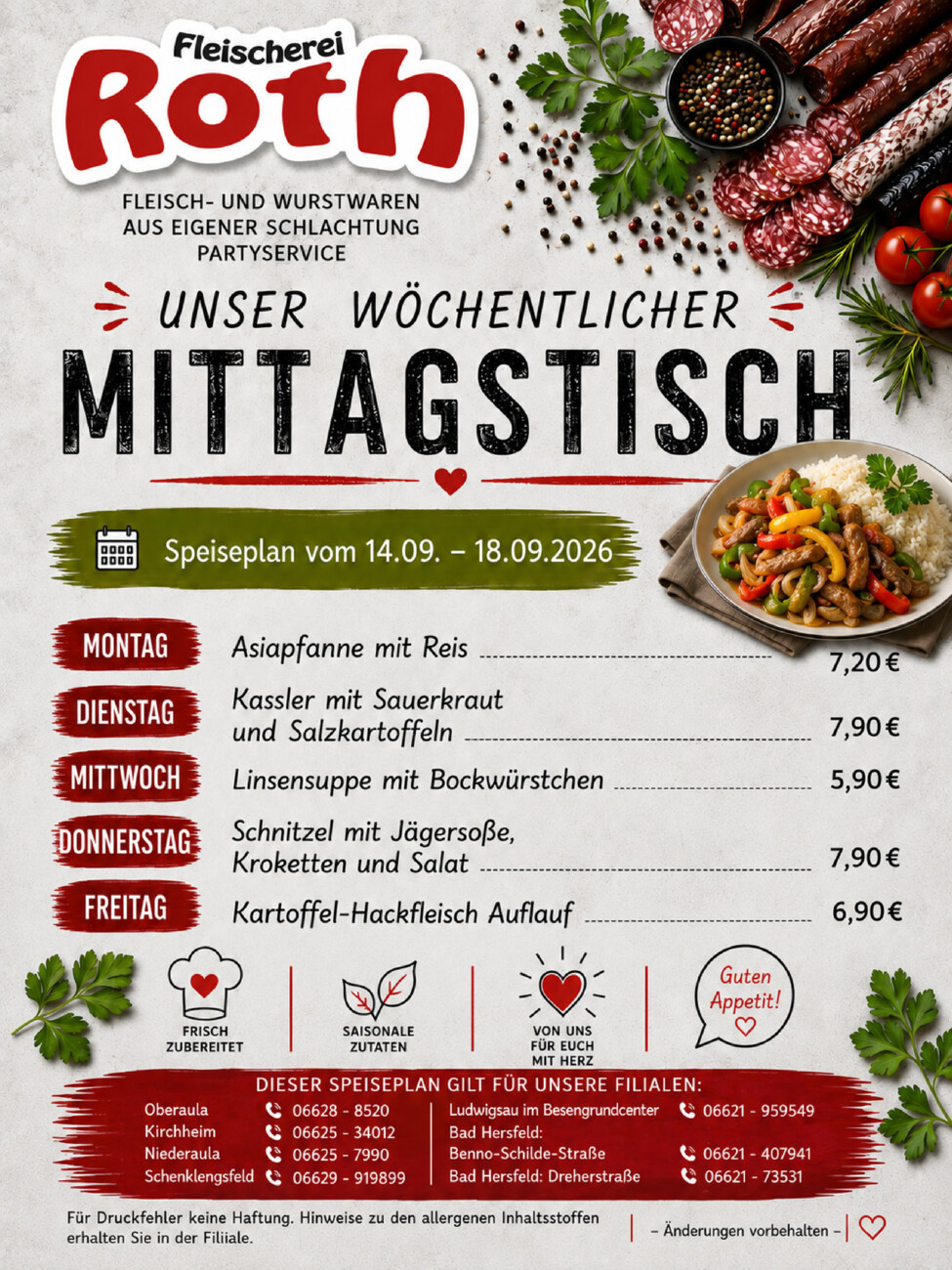 Roth's Mittagstisch ab dem 14.09..2026 vom Montag, 14.09.2026