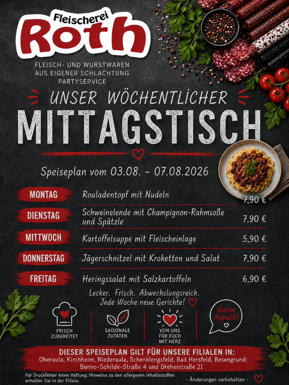 Roth`s Mittagstisch ab dem 3.8.26 vom Montag, 03.08.2026