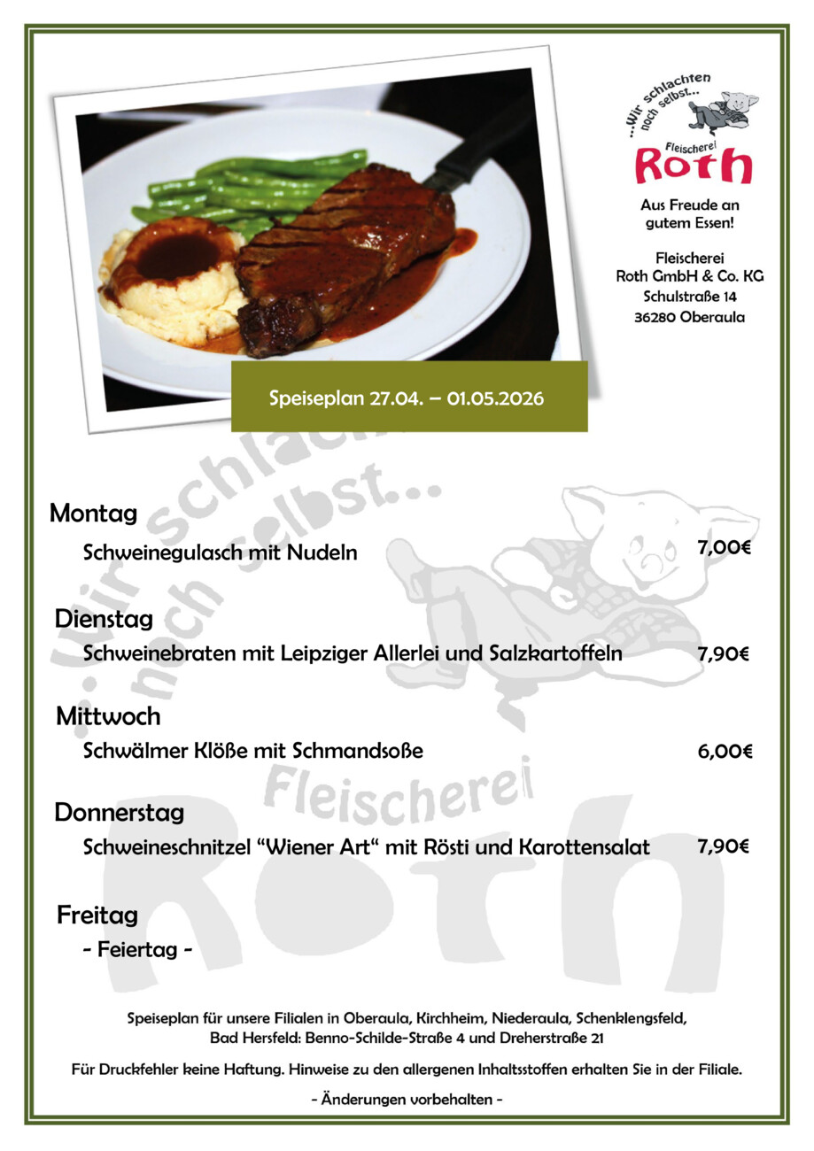 Roth's Mittagstisch ab dem 27.04.2026 vom Montag, 27.04.2026