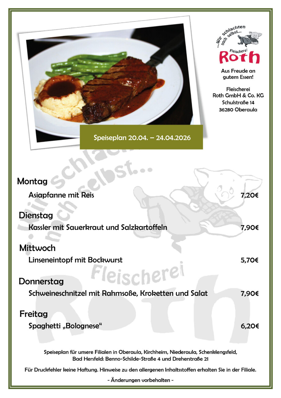 Roth's Mittagstisch ab dem 20.04.2026 vom Montag, 20.04.2026