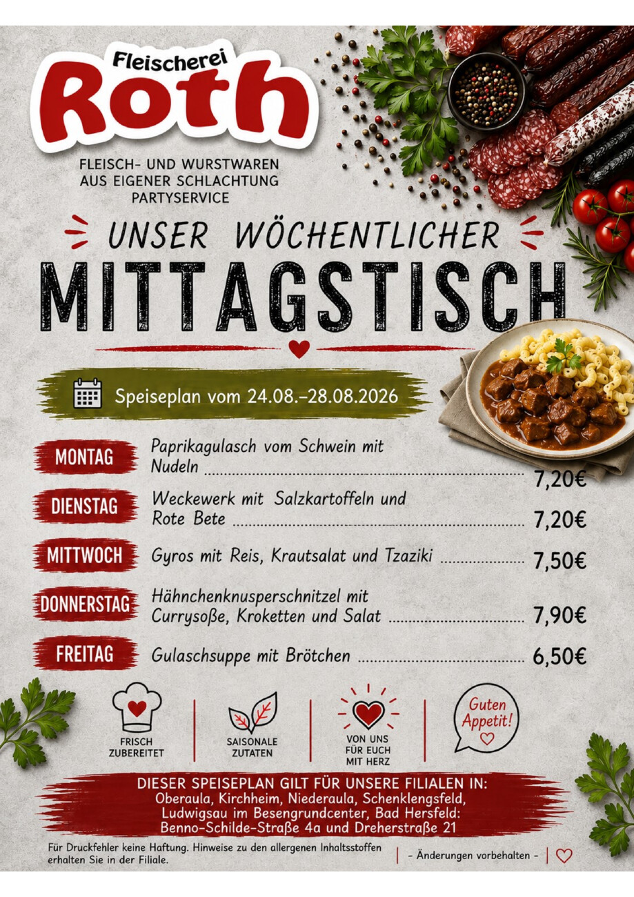 Roth's Mittagstisch ab dem 24.08.26 vom Samstag, 22.08.2026