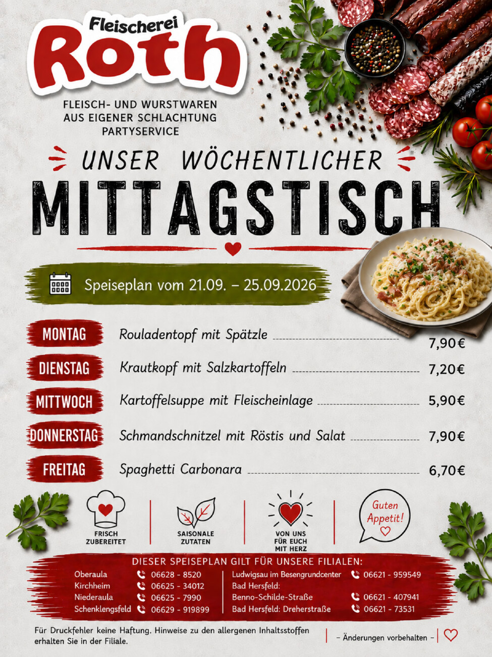 Roth's Mittagstisch ab dem 21.09.26 vom Samstag, 19.09.2026