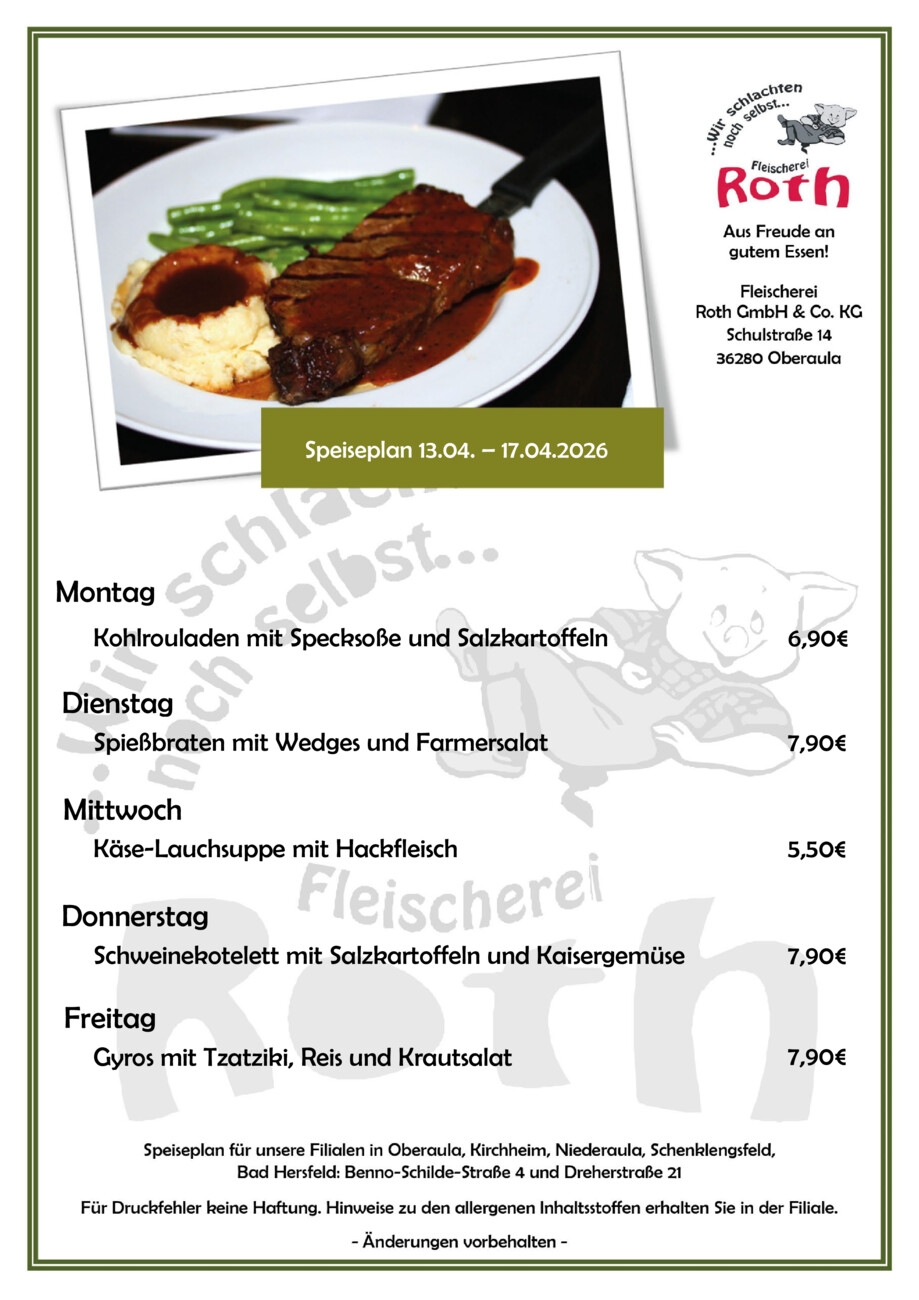 Roth's Mittagstisch ab dem 13.04.2026 vom Montag, 13.04.2026