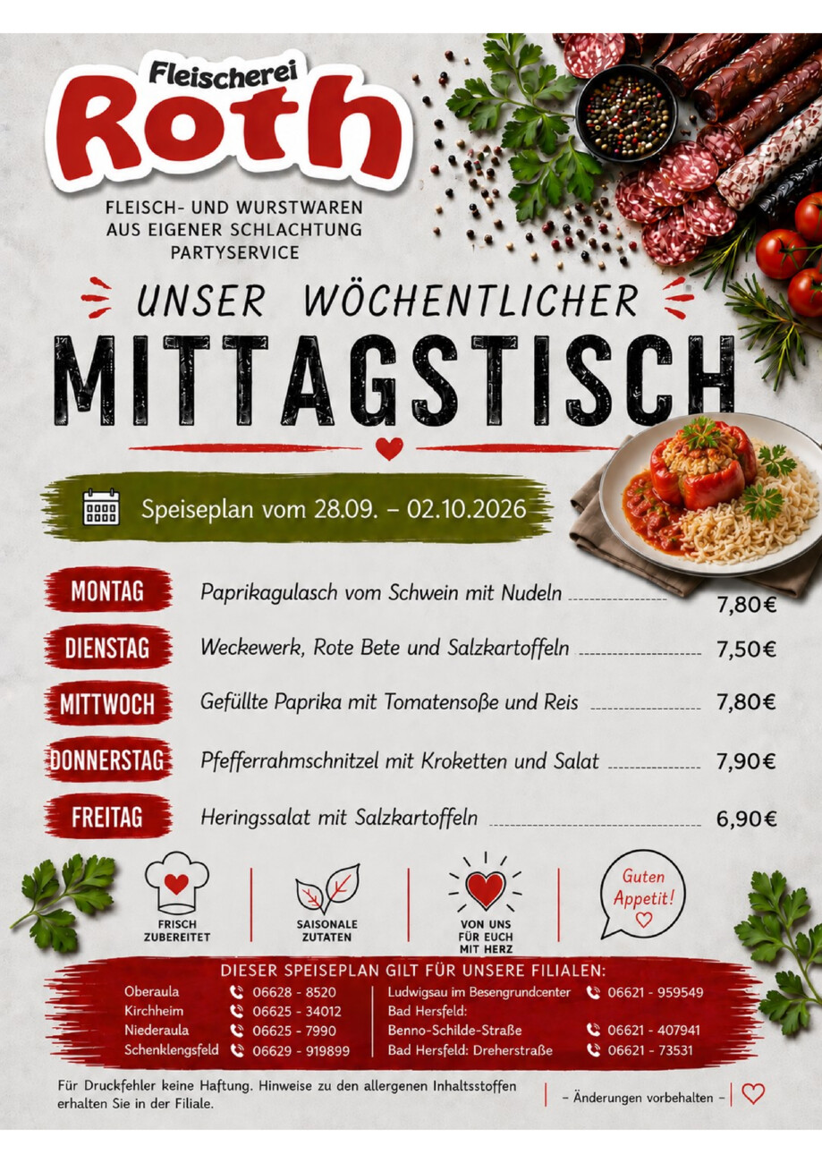 Roth's Mittagstisch ab dem 28.09.2026 vom Samstag, 26.09.2026