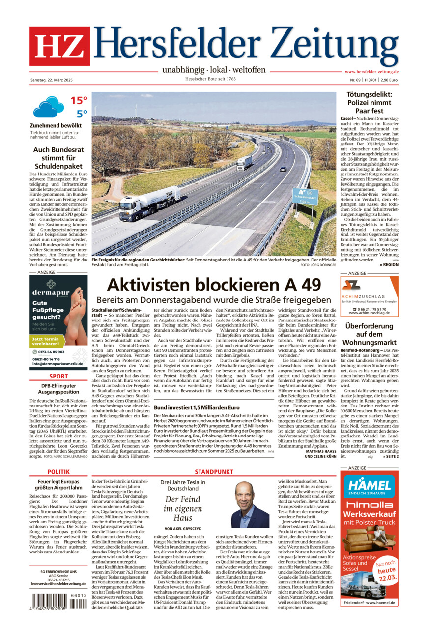 Hersfelder Zeitung vom Samstag, 22.03.2025