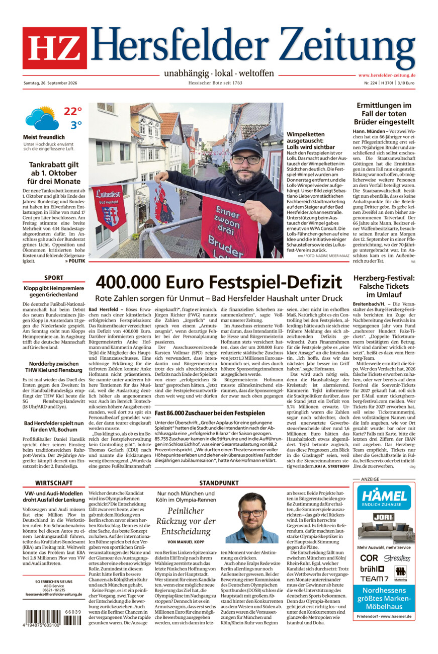 Hersfelder Zeitung vom Samstag, 26.09.2026
