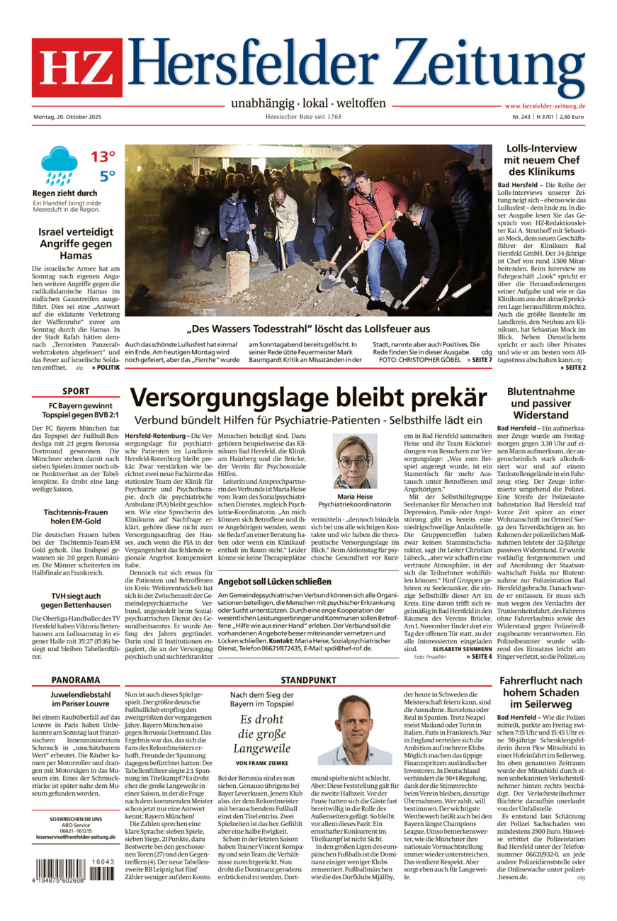 Hersfelder Zeitung vom Montag, 20.10.2025