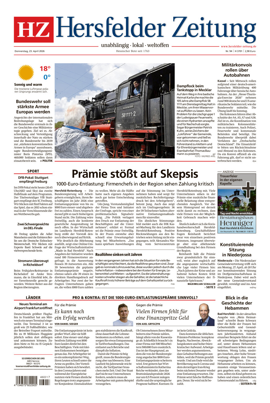 Hersfelder Zeitung vom Donnerstag, 23.04.2026