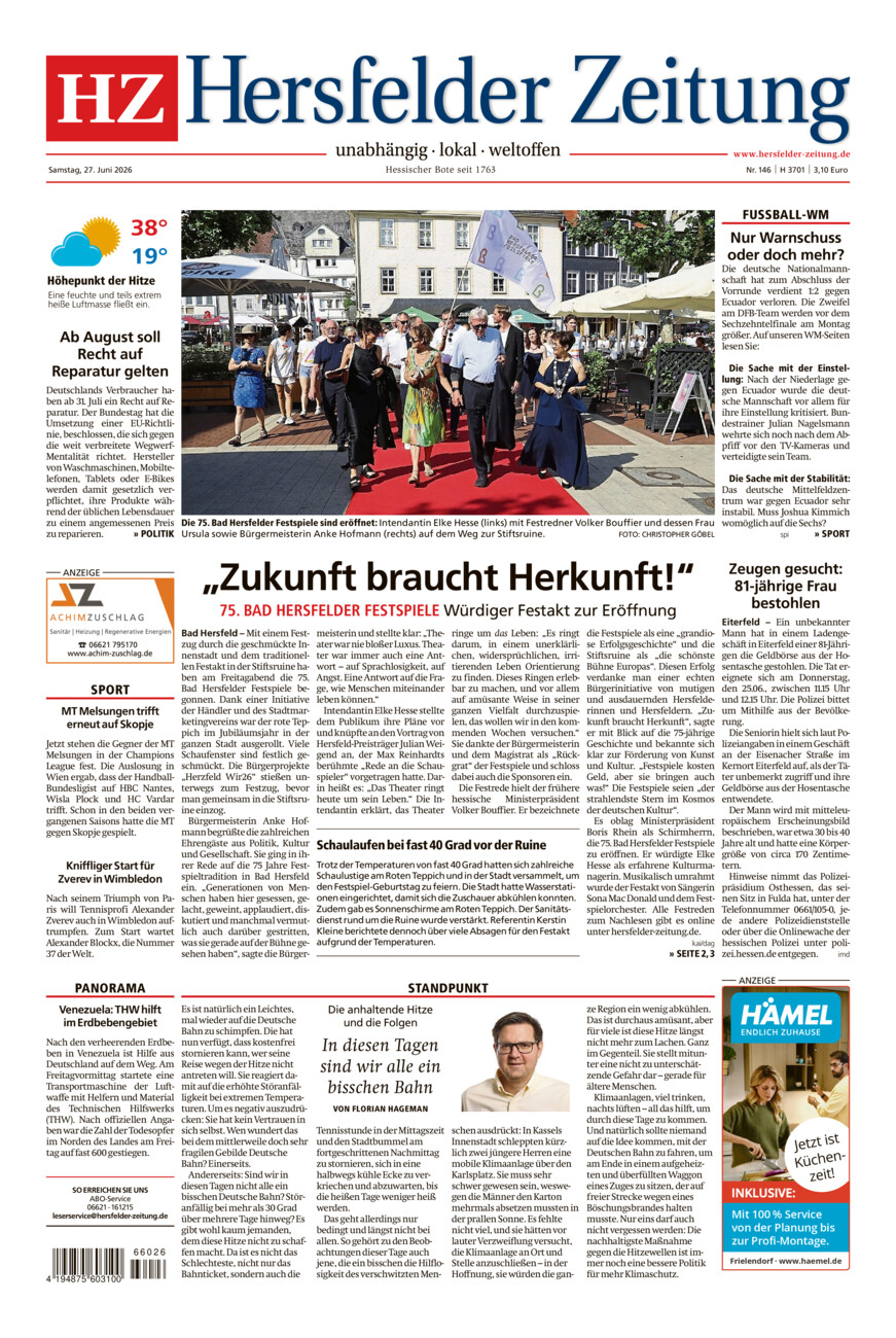 Hersfelder Zeitung vom Samstag, 27.06.2026