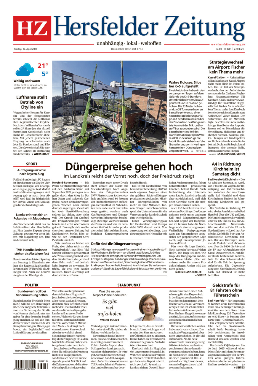 Hersfelder Zeitung vom Freitag, 17.04.2026