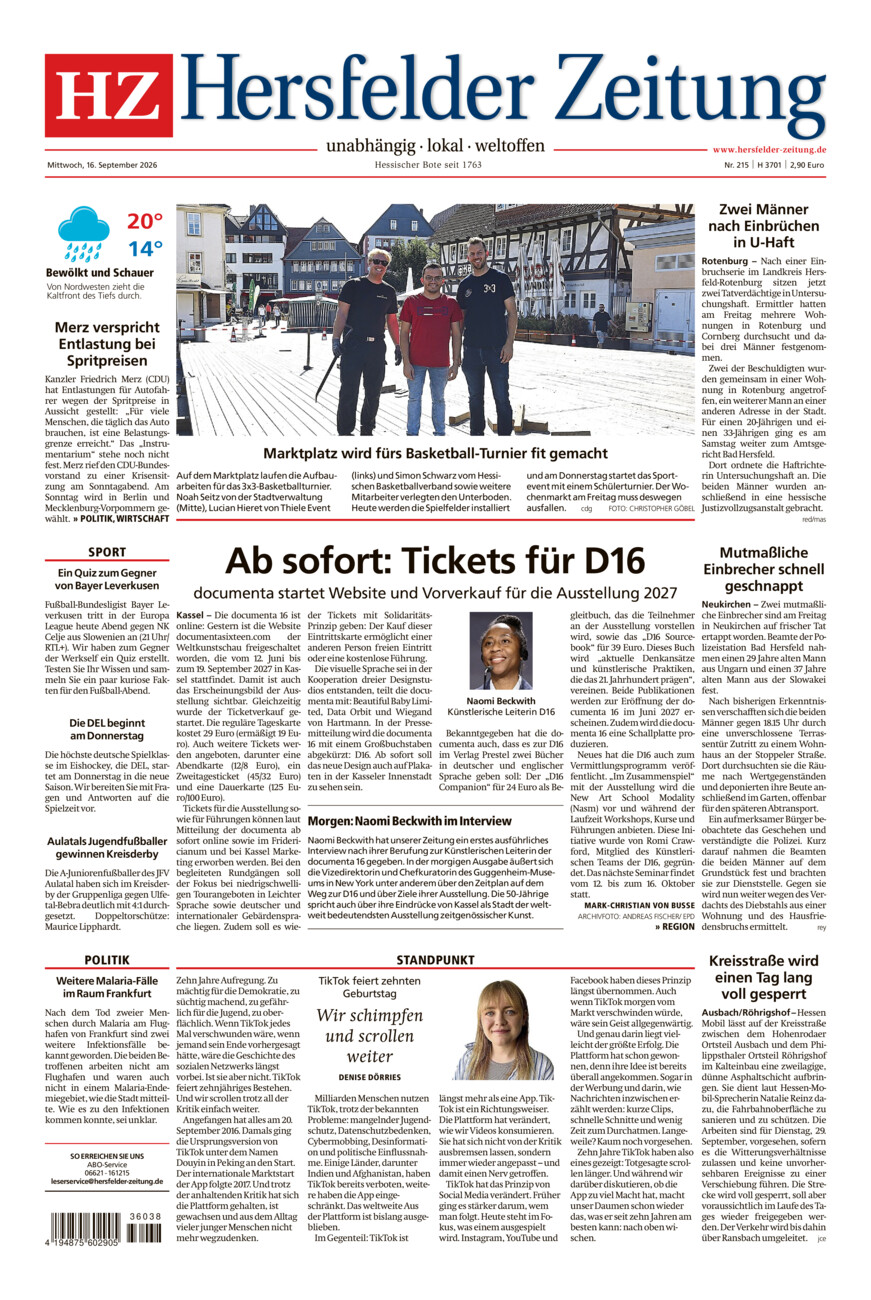 Hersfelder Zeitung vom Mittwoch, 16.09.2026