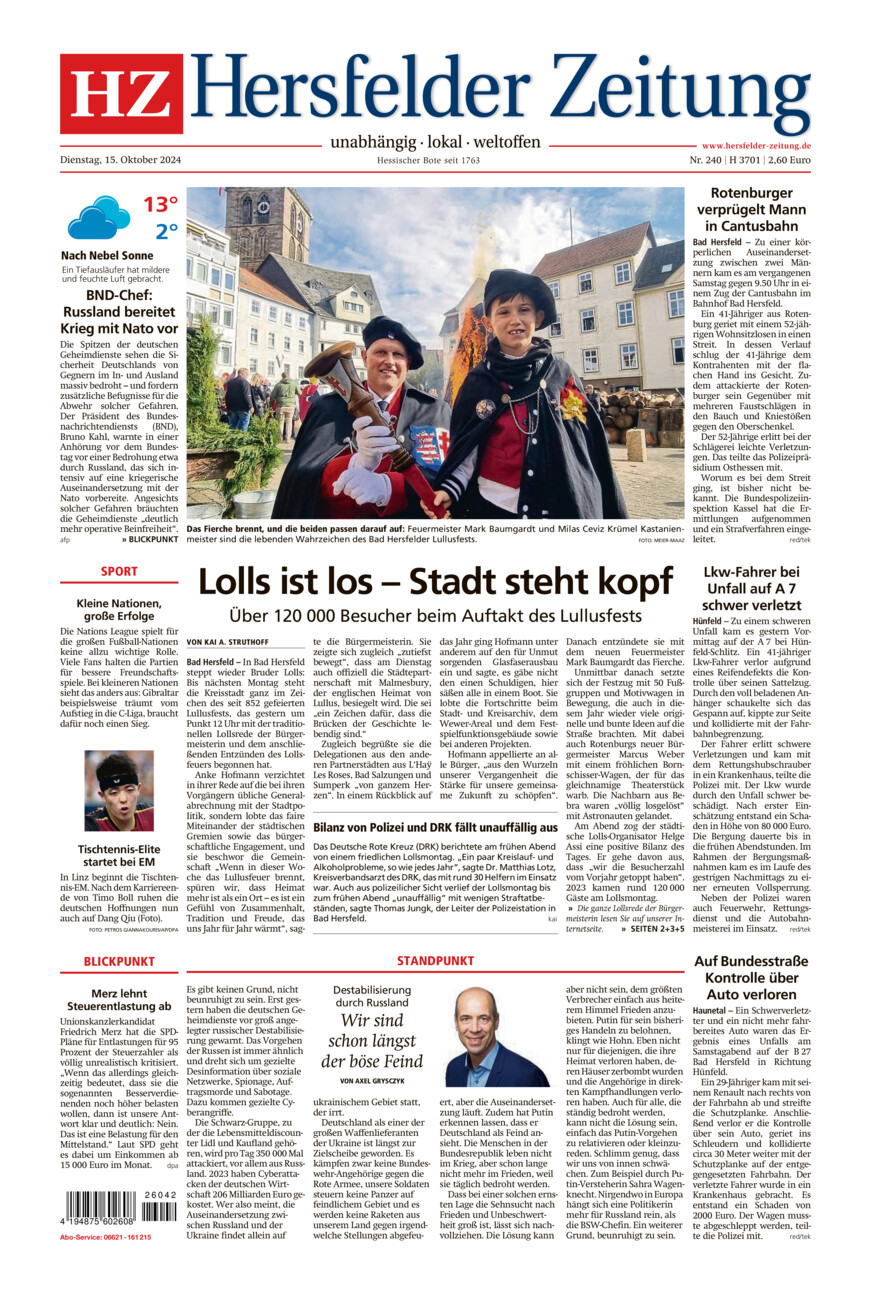 Hersfelder Zeitung vom Dienstag, 15.10.2024