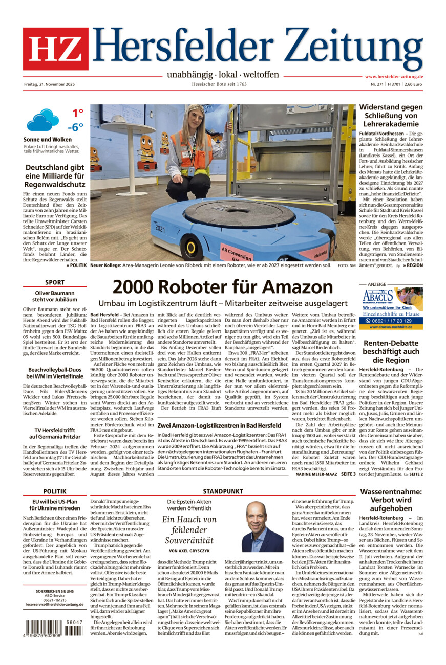 Hersfelder Zeitung vom Freitag, 21.11.2025