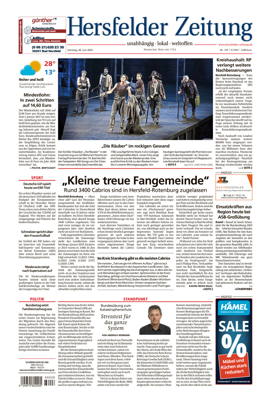 Hersfelder Zeitung vom Samstag, 28.06.2025