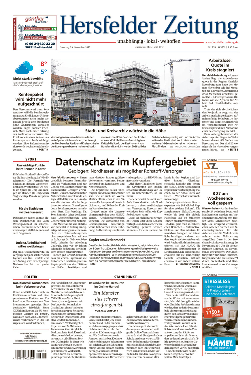 Hersfelder Zeitung vom Samstag, 29.11.2025