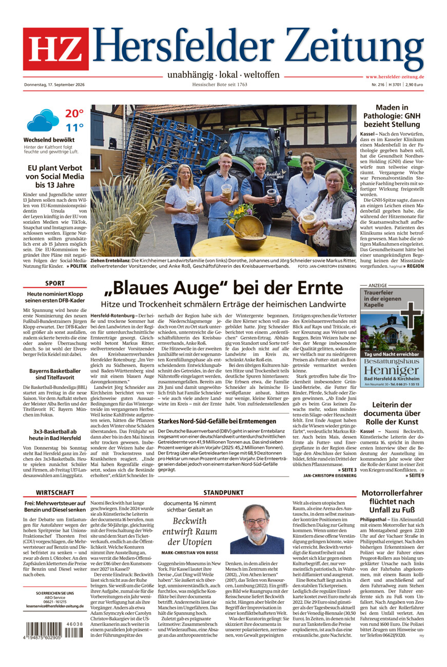 Hersfelder Zeitung vom Donnerstag, 17.09.2026
