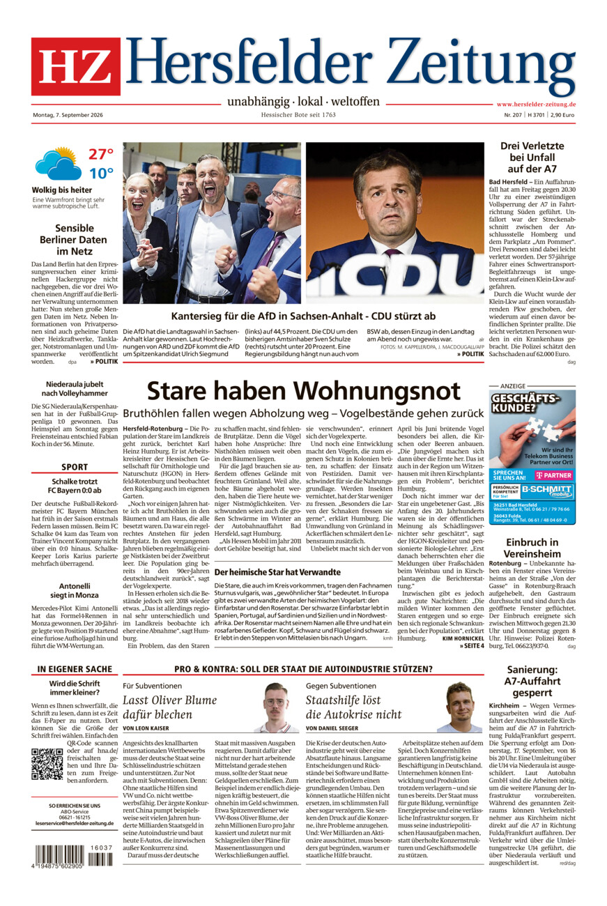 Hersfelder Zeitung vom Montag, 07.09.2026