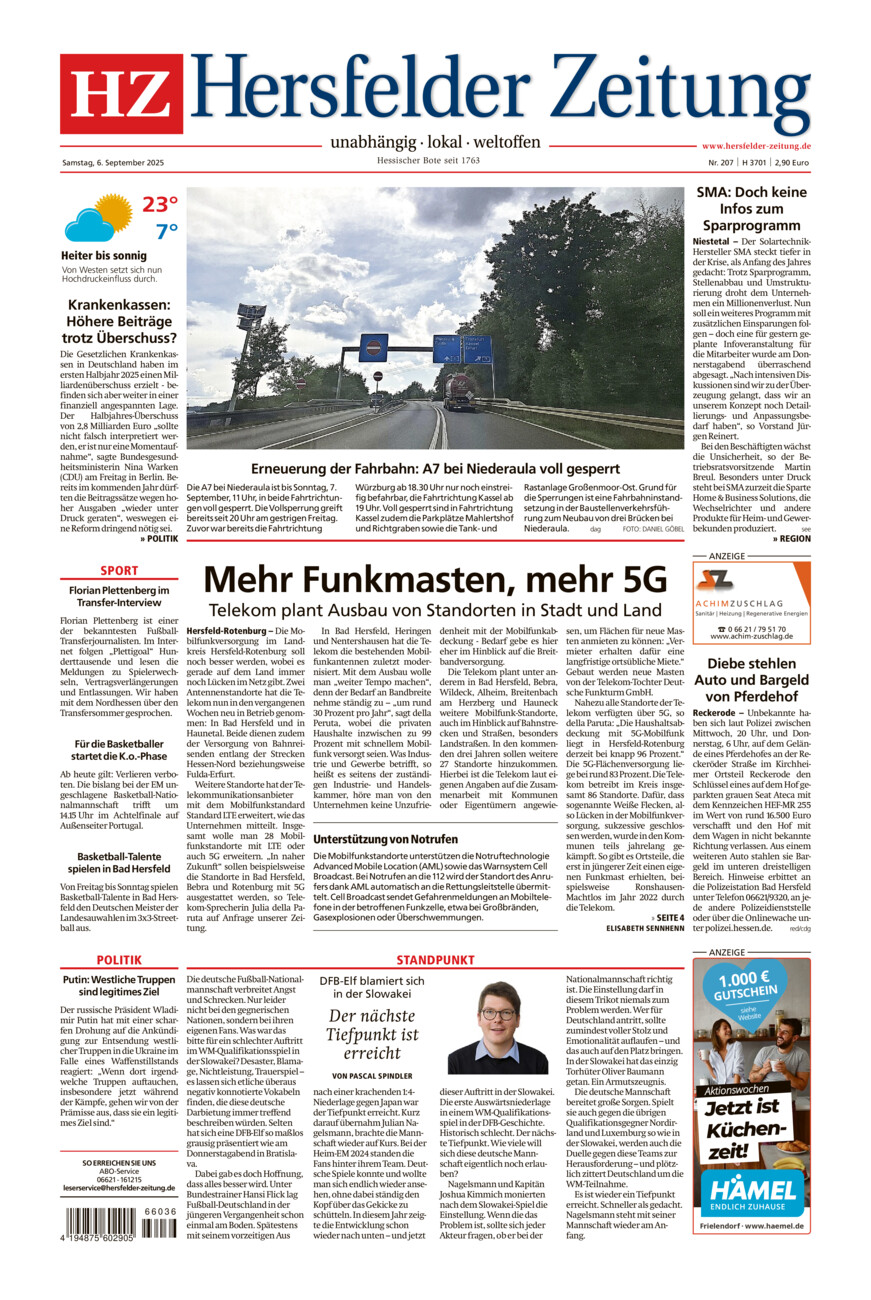 Hersfelder Zeitung vom Samstag, 06.09.2025