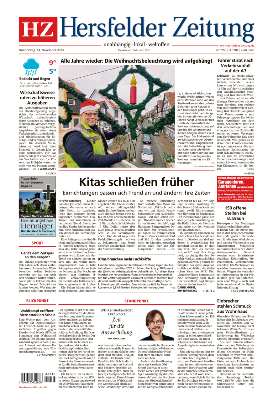 Hersfelder Zeitung vom Donnerstag, 14.11.2024