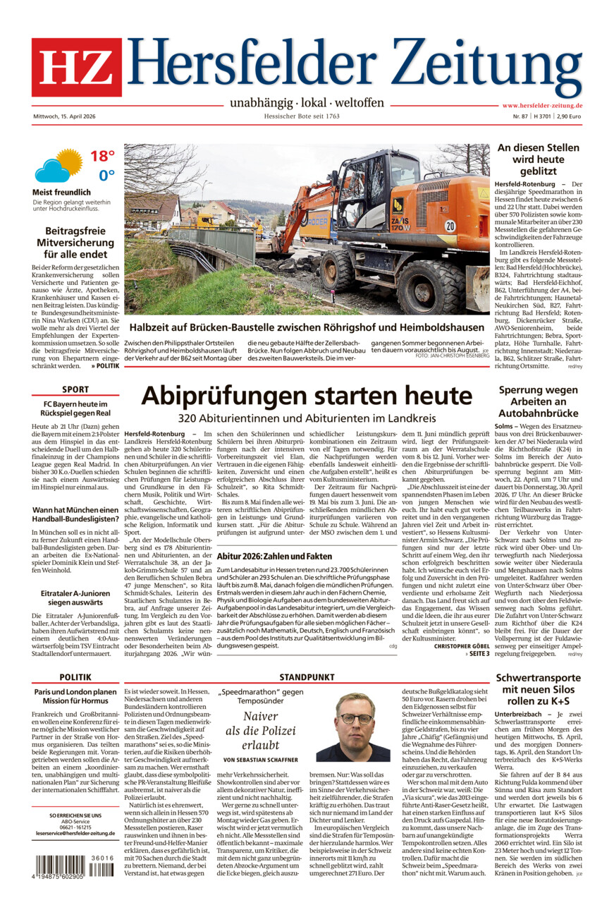 Hersfelder Zeitung vom Mittwoch, 15.04.2026