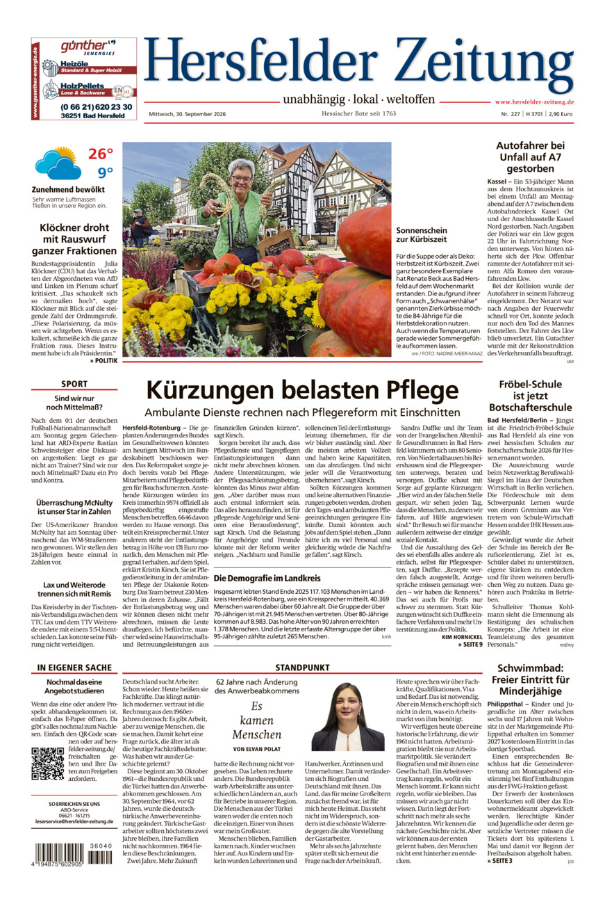 Hersfelder Zeitung vom Mittwoch, 30.09.2026