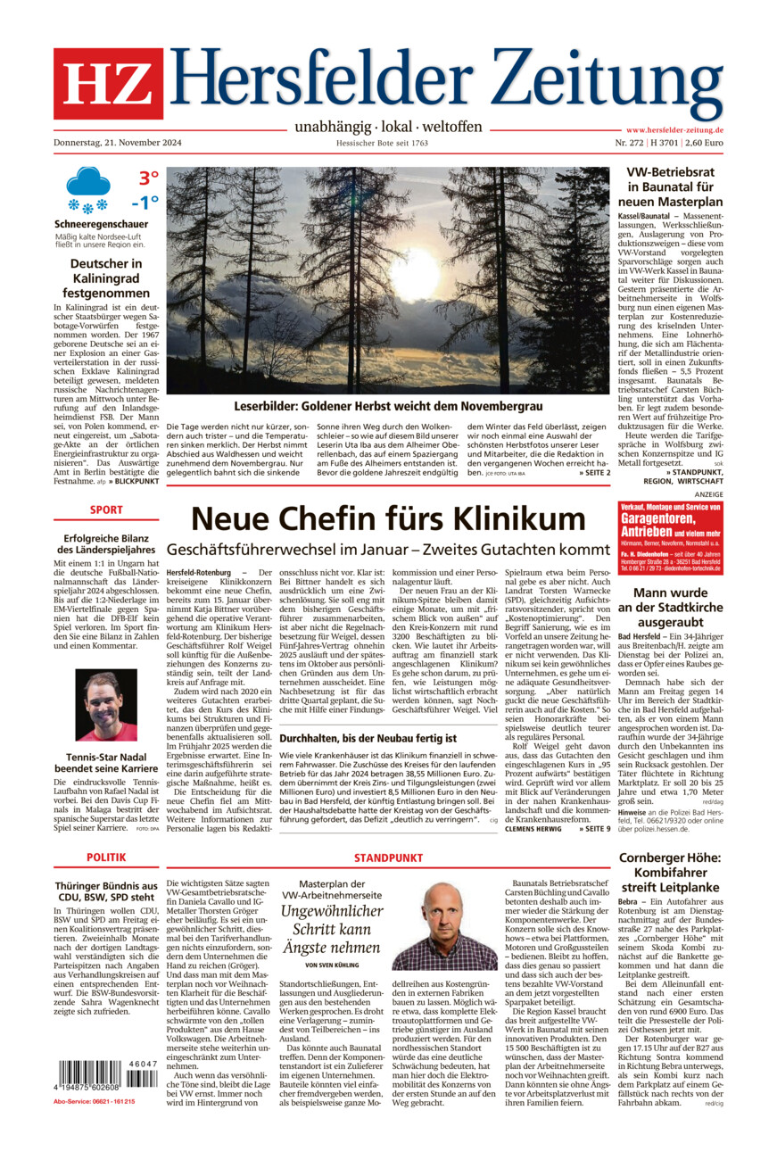 Hersfelder Zeitung vom Donnerstag, 21.11.2024