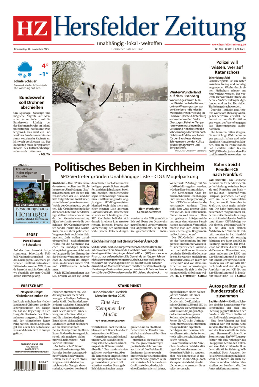 Hersfelder Zeitung vom Donnerstag, 20.11.2025