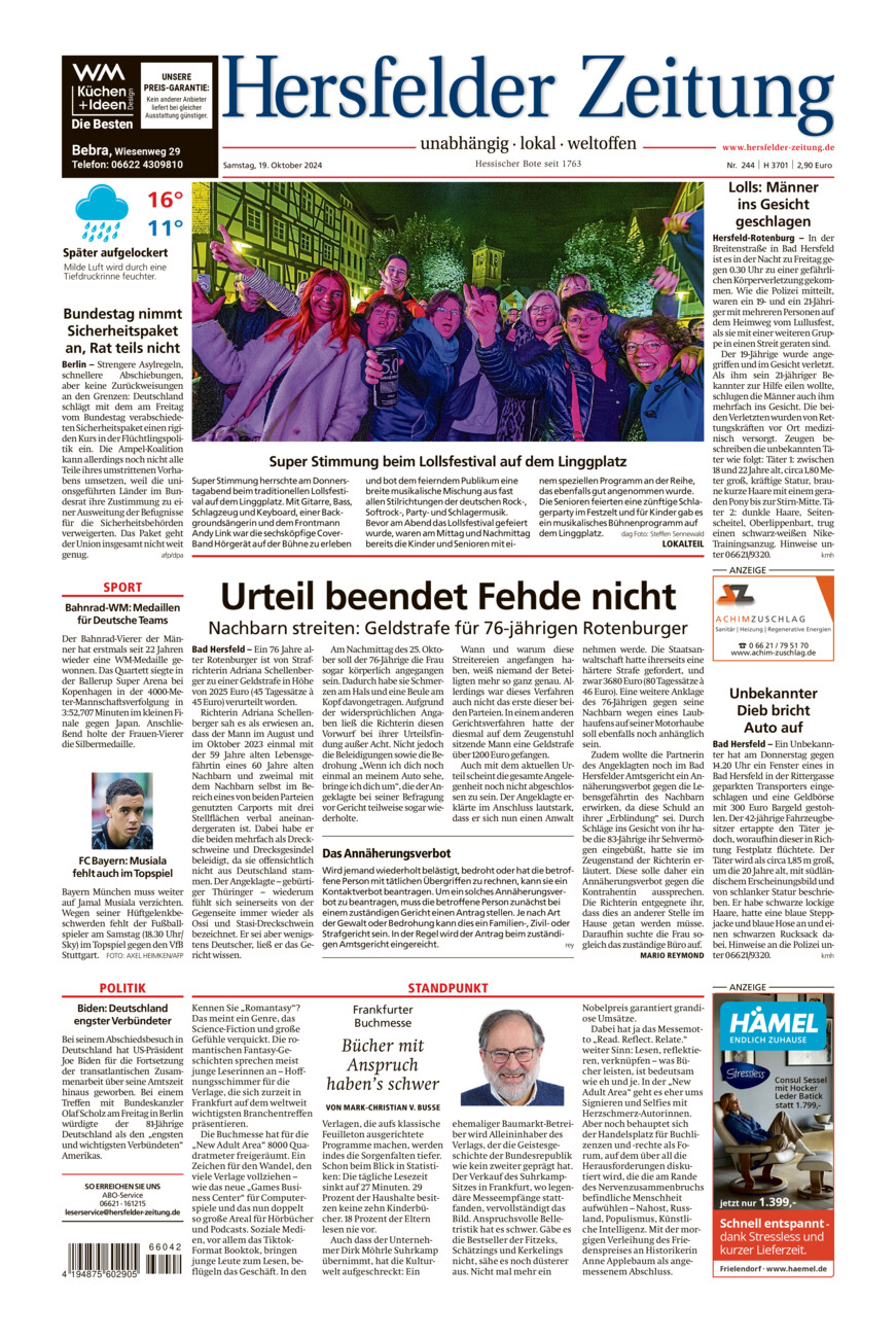 Hersfelder Zeitung vom Samstag, 19.10.2024