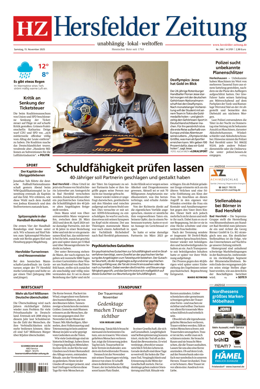 Hersfelder Zeitung vom Samstag, 15.11.2025