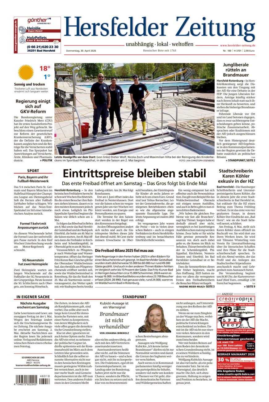 Hersfelder Zeitung vom Donnerstag, 30.04.2026