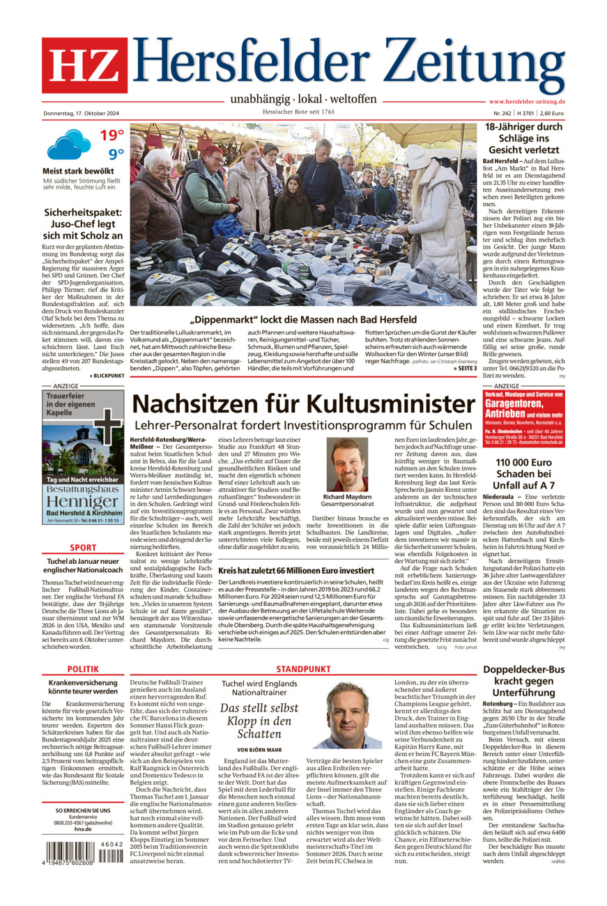 Hersfelder Zeitung vom Donnerstag, 17.10.2024