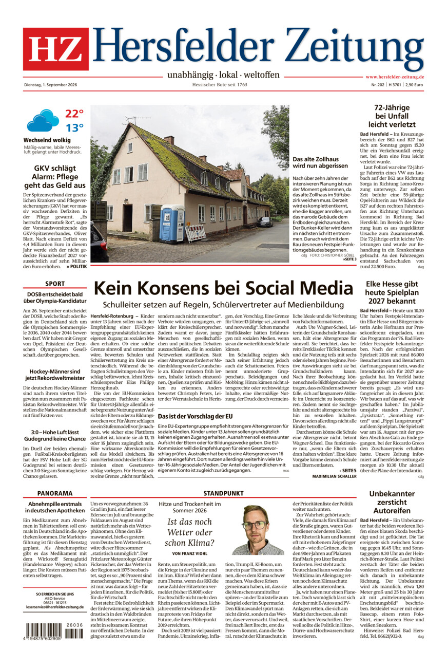 Hersfelder Zeitung vom Dienstag, 01.09.2026