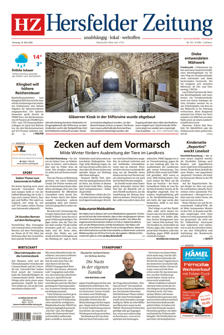 Hersfelder Zeitung vom Samstag, 16.05.2026
