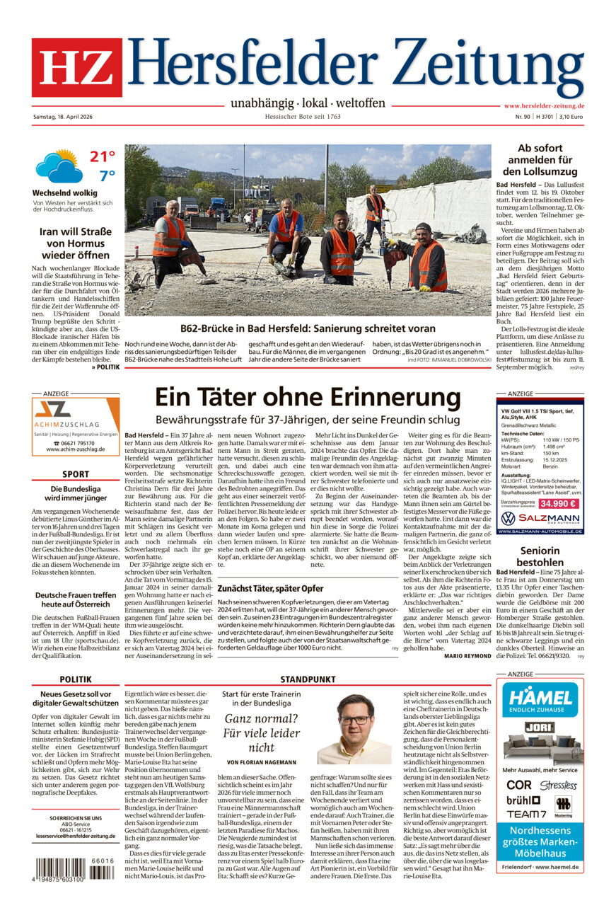 Hersfelder Zeitung vom Samstag, 18.04.2026