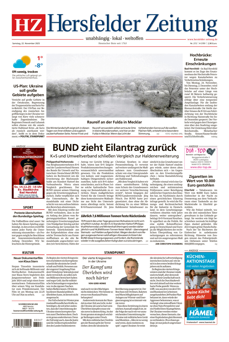Hersfelder Zeitung vom Samstag, 22.11.2025