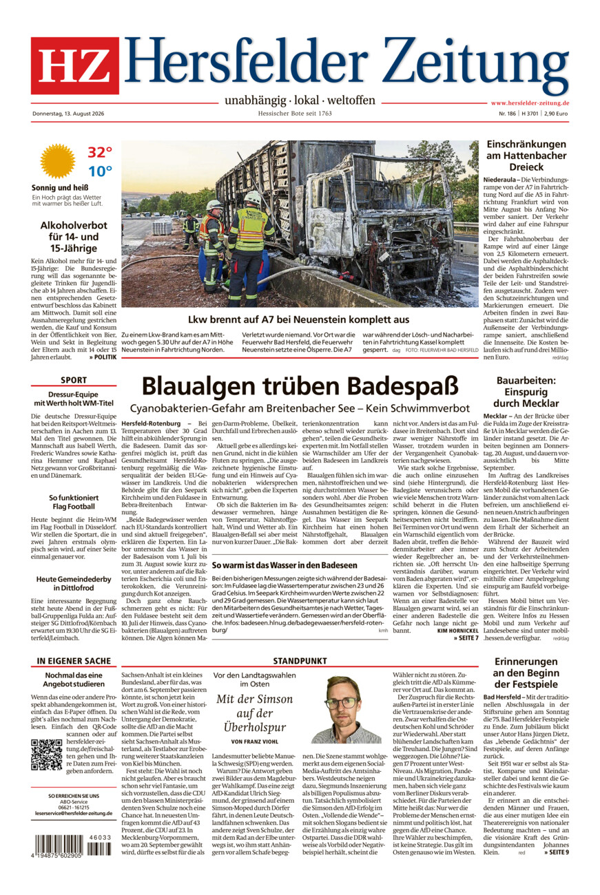 Hersfelder Zeitung vom Donnerstag, 13.08.2026