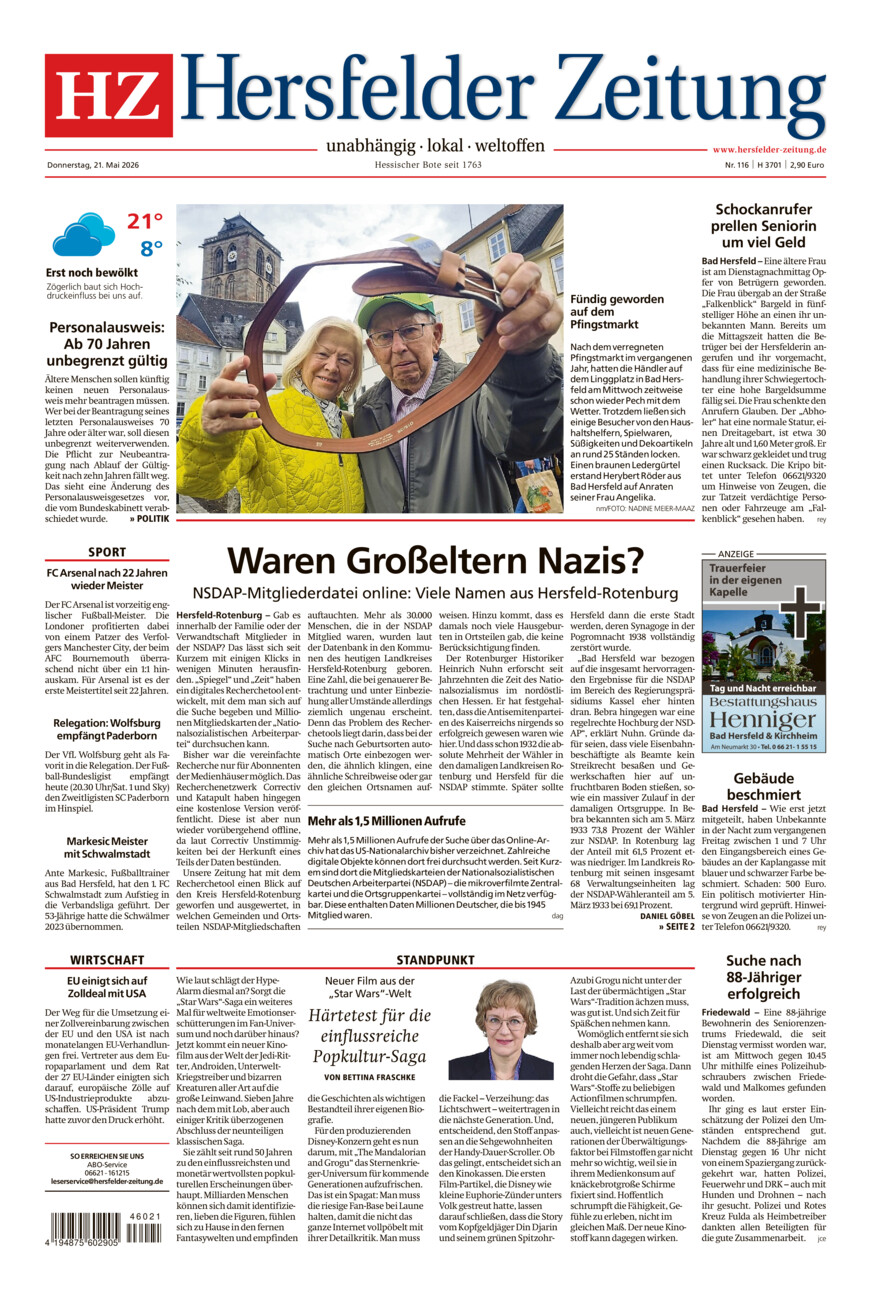 Hersfelder Zeitung vom Donnerstag, 21.05.2026