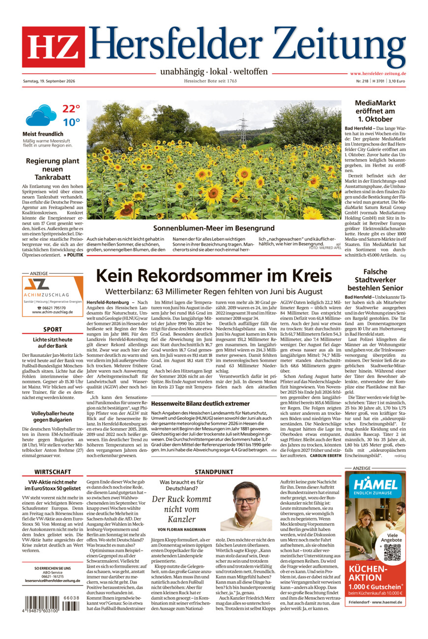 Hersfelder Zeitung vom Samstag, 19.09.2026
