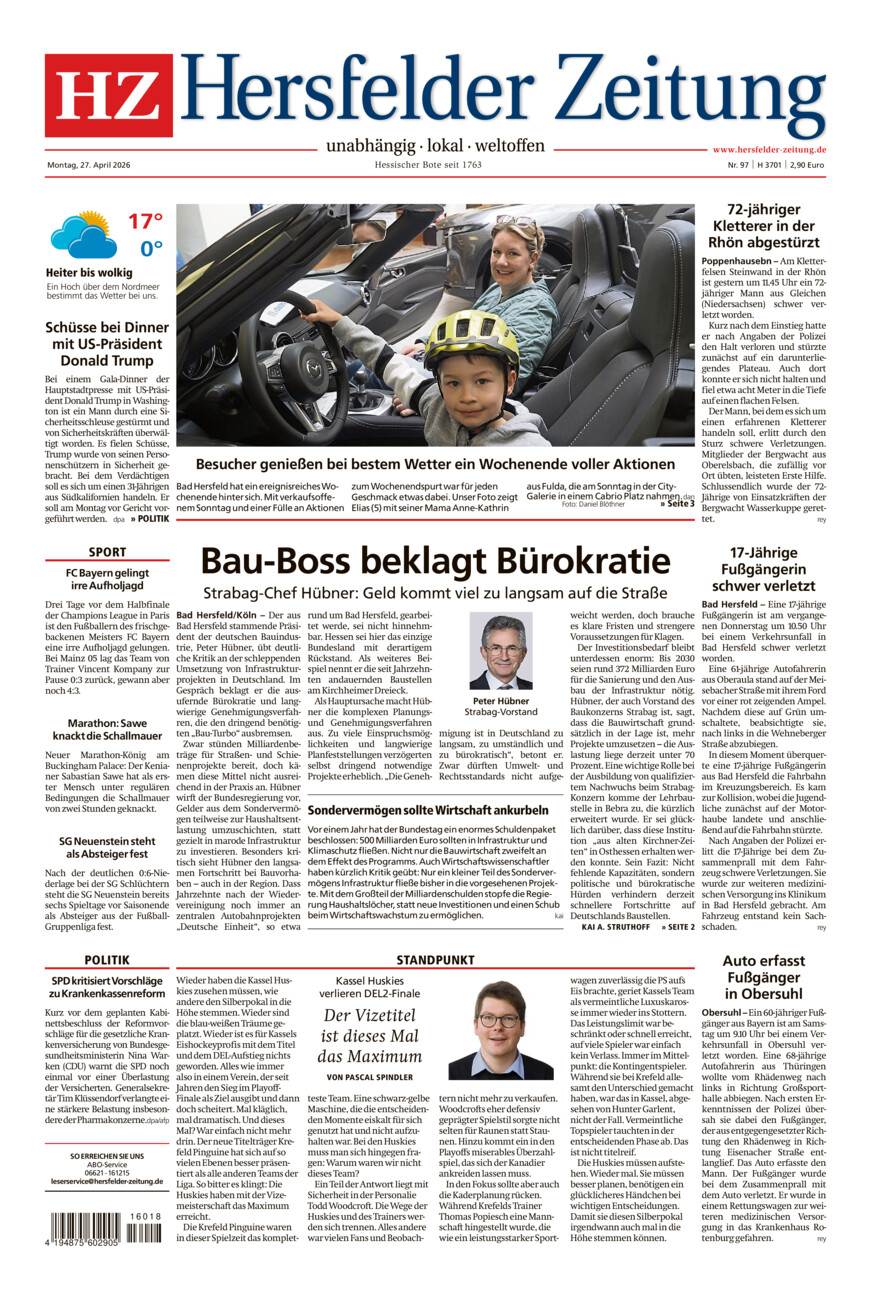 Hersfelder Zeitung vom Montag, 27.04.2026