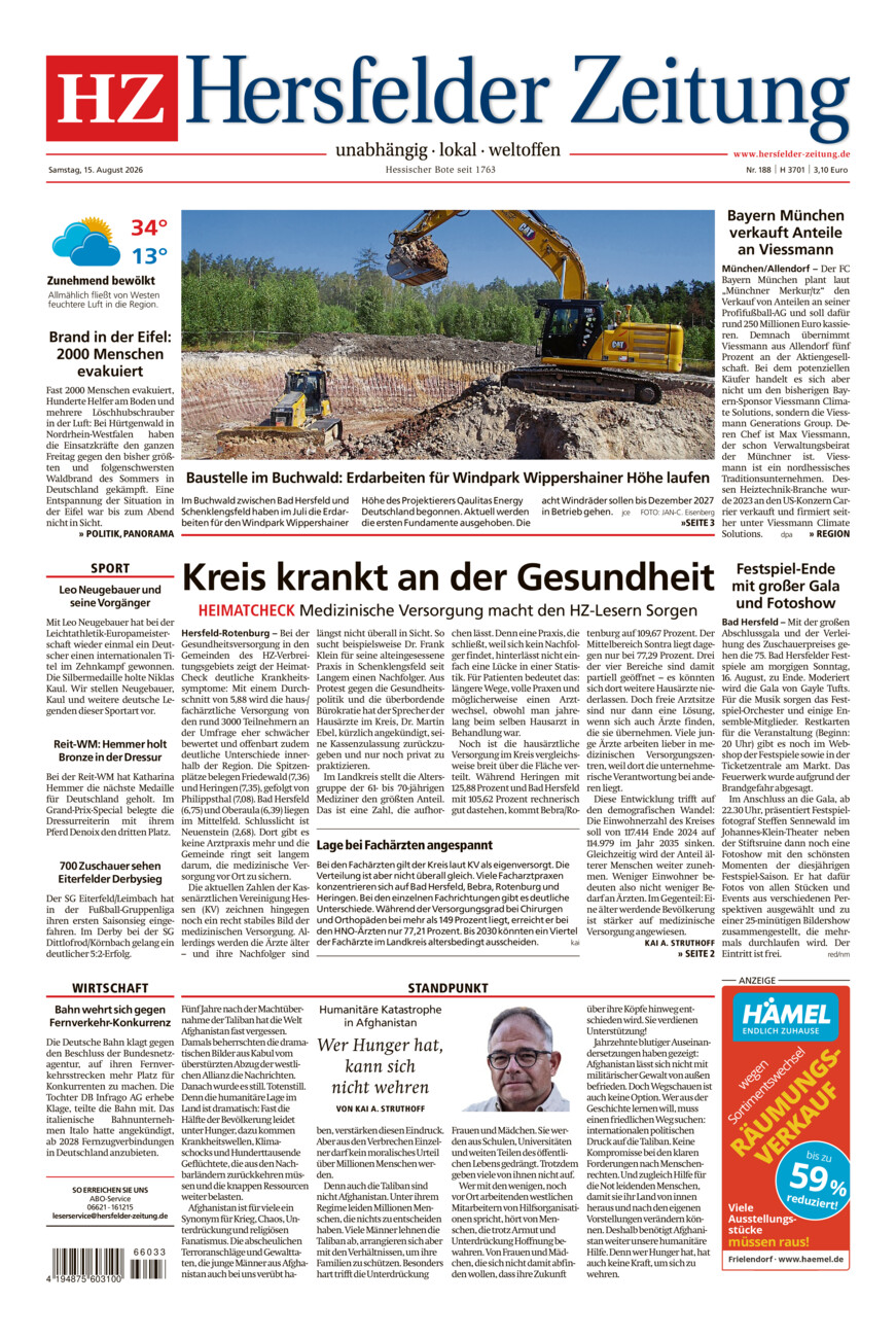 Hersfelder Zeitung vom Samstag, 15.08.2026