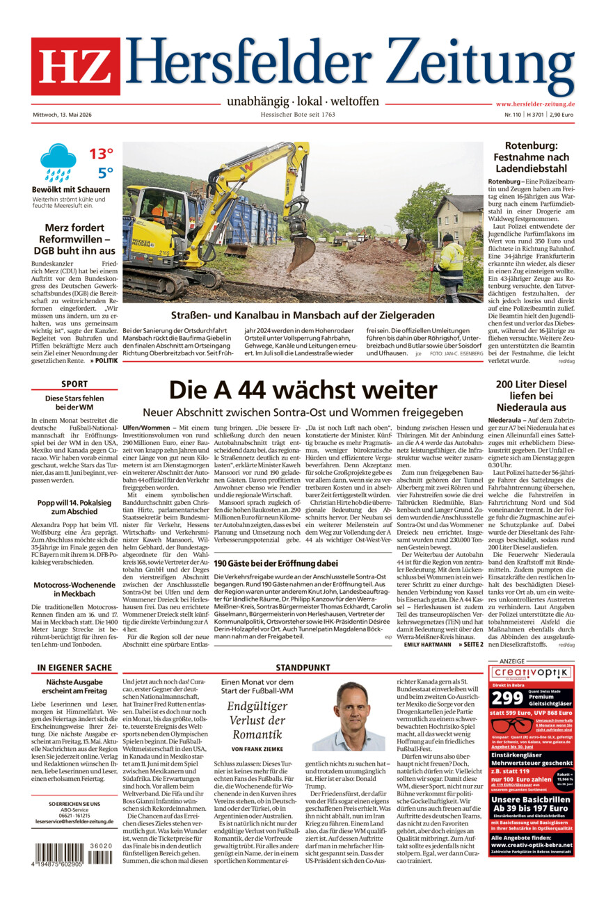 Hersfelder Zeitung vom Mittwoch, 13.05.2026