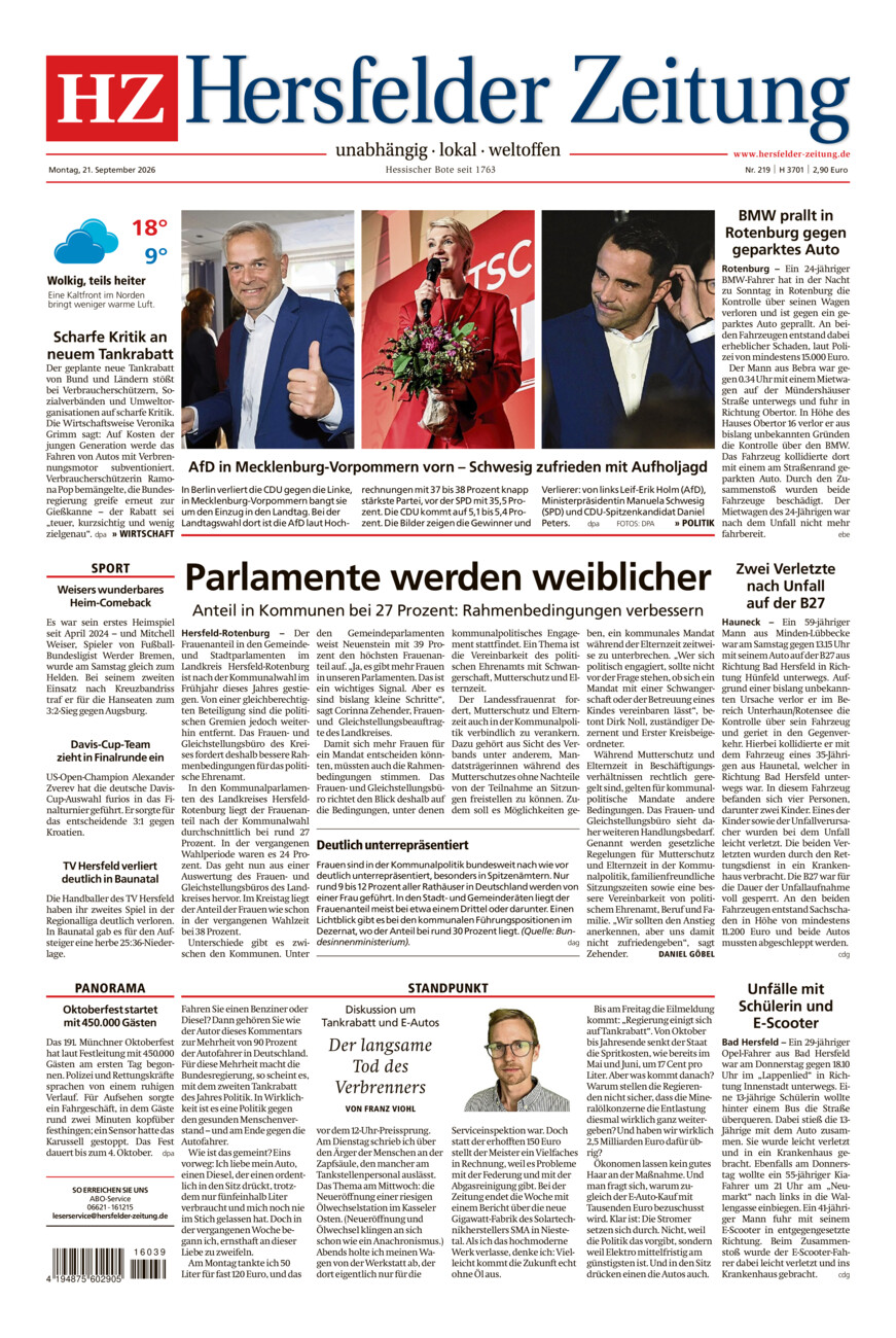 Hersfelder Zeitung vom Montag, 21.09.2026