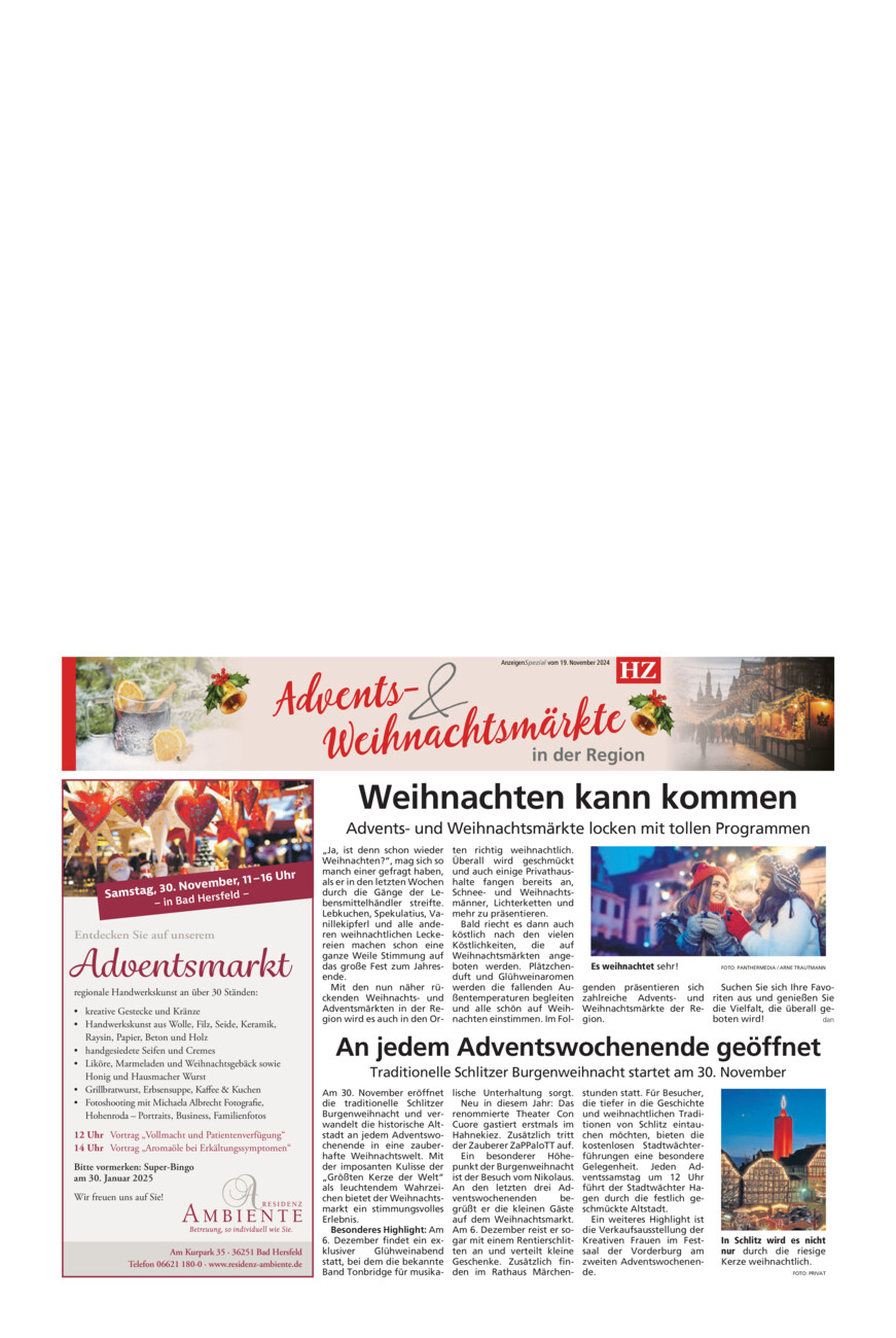 Advents- und Weihnachtsmärkte in der Region vom Dienstag, 19.11.2024